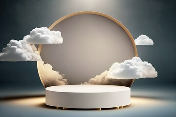 showcase, mockup template, or cosmetic presentation with a round stage and a natural podium background on the high clouds at night. Generative AI