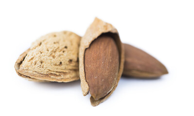 Roasted Almonds with shell (transparent background, selective focus)