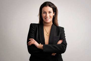 Confident mid aged woman wearing black blazer and standing at isolated background
