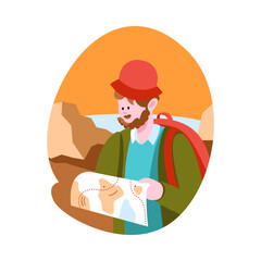 Man Tourist Character on Vacation Trip or Journey Standing with Map Looking for Route Vector Illustration