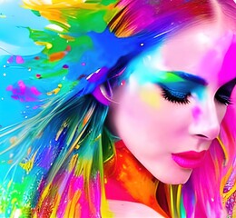 Stylized portrait of a beautiful white girl, with paint splashes. colorful paints smudges, spatter. Generative ai
