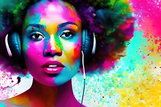 Stylized portrait of a beautiful black girl with headphones, with paint splashes. colorful paints smudges, spatter. Generative ai

