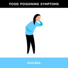 Vector illustration of a girl who holds her stomach with one hand and covers her mouth with the other hand. A person has severe symptoms of food poisoning. The girl feels nauseous.