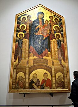 Italy, Florence February 2023
painting "The Majesty of Santa Trìnita" is a work by Cimabue exhibited in the Uffizi Gallery in Florence