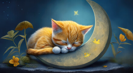 White and orange little cat sleeping over a little moon with the stars in the background