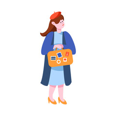 Woman Tourist Character with Suitcase on Vacation Trip or Journey Vector Illustration