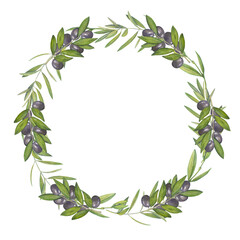round frame with watercolor image of olive branches and black olives