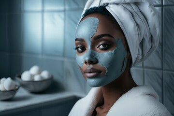 Skin care. SPA procedures at home: young BIPOC woman wearing cosmetic clay mask on her face. Hair wrapped in towel. AI