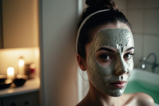Skin care. SPA procedures at home: young woman wearing cosmetic clay mask on her face. Hair wrapped in towel. AI