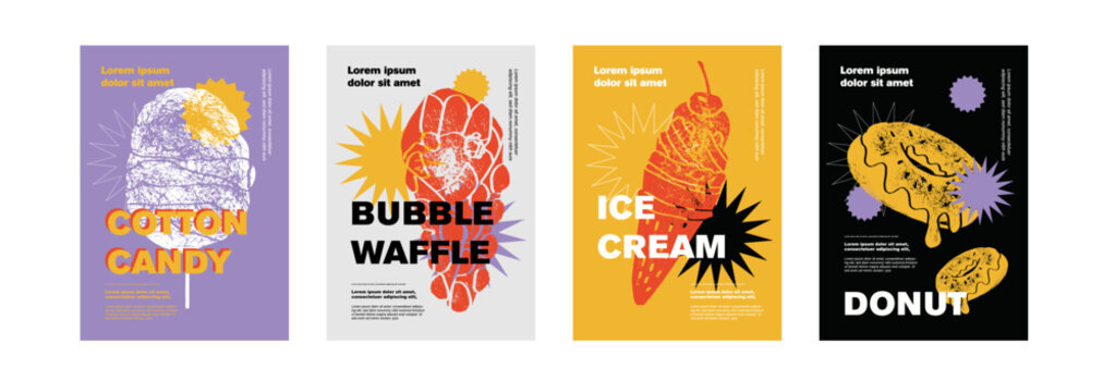 Cotton candy, bubble waffle, ice cream, donut. Price tag or poster design. Set of vector illustrations. Typography. Vintage pencil sketch. Engraving style. Labels, cover, t-shirt print, painting.