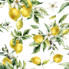 Watercolor tropical seamless pattern of ripe lemons, leaves and flowers. Hand painted branch of fruits isolated on white background. Tasty food illustration for design, print, fabric, background.