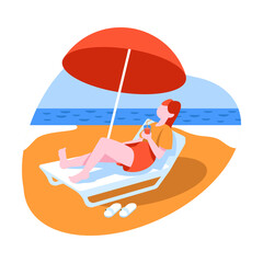 Woman Tourist Character Sunbathing on Deck Chair Under Umbrella at Sea Shore on Vacation Trip or Journey Vector Illustration