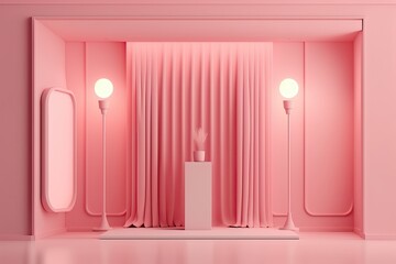 Pretend podium in a pink room with pink walls, pink ceiling, and pink neon lights. Abstract modern minimalist stylish bright background ideal for showcasing your merchandise. Mid century modern platfo