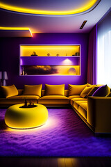 Purple and Yellow neon Living room interior design