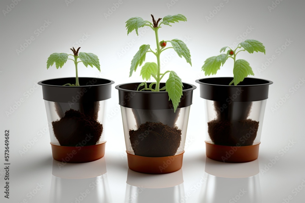 Canvas Prints There are large tomato seedlings in black and brown plastic cups in a greenhouse. Early tomato seedlings are being nurtured. Generative AI