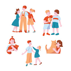 Sister and Brother Kids Playing Together and Cuddling Pets Vector Set.