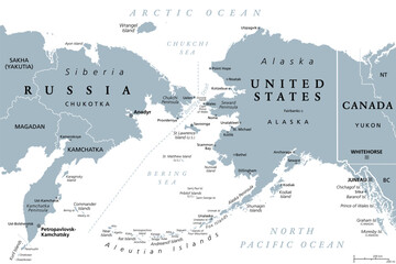 Russia and United States, maritime boundary, gray political map. The Chukchi Peninsula of Russian Far East, and Seward Peninsula of Alaska, separated by Bering Strait between Pacific and Arctic Ocean.