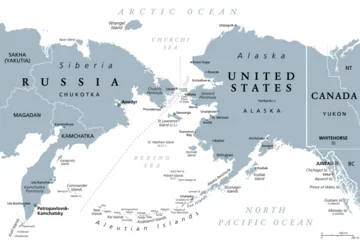 Foto op Plexiglas Russia and United States, maritime boundary, gray political map. The Chukchi Peninsula of Russian Far East, and Seward Peninsula of Alaska, separated by Bering Strait between Pacific and Arctic Ocean. © Peter Hermes Furian