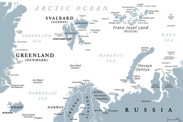 Arctic Ocean region, north of mainland Europe, gray political map. From eastern Greenland to Svalbard, to Franz Josef Land, with parts of the countries Iceland, Norway, Sweden, Finland and Russia. © Peter Hermes Furian
