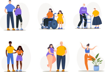 Collection of people with disabilities with their families and loved ones. Set of men, women, children, seniors with disabilities or limitations.