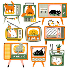 Retro tv cat house illustrations set - 573649850