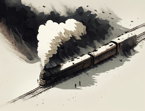 Black and white image of train on the railway with black smoke. Generative AI.