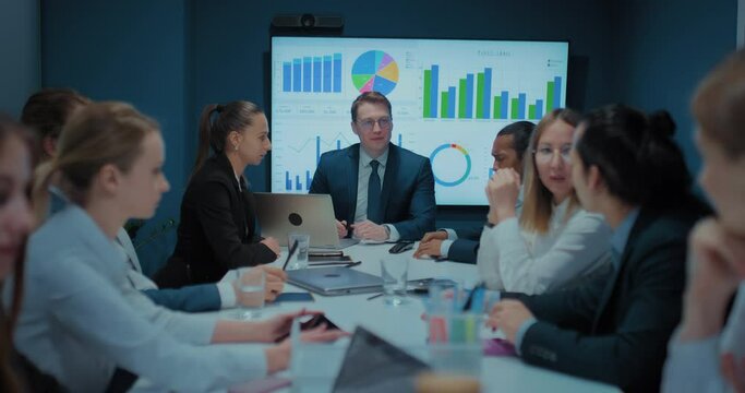 chief of big company and his employees discussing strategy of development business, 4K, Prores