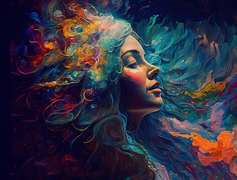 Shamanic young woman with trippy colorful hair. Concept of creativity, mindfulness, psychedelics and spirituality. Generative AI.