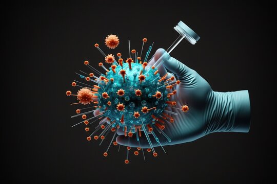 Doctor, hands, and covid for a cure, healthcare, or medical syringe medication to combat the virus. Hand of nurse holding coronavirus sample with a needle for vaccination from illness or disease