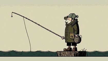 Old fisherman with his fishing rod standing in winter time at coastline. Generative AI.