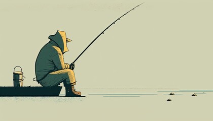 Old fisherman with his fishing rod sitting on the dock at coastline. Generative AI.
