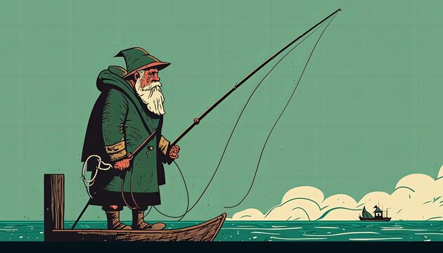Old fisherman with his fishing rod standing on the beach at coastline. Generative AI.