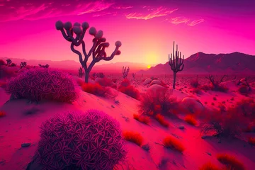 Foto op Canvas bright pink sunset over desert landscape with cactus and sand dunes, generative ai © Alfazet Chronicles
