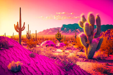 bright pink sunset over desert landscape with cactus and sand dunes, generative ai