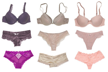 Underwear woman isolated. Collage of luxurious elegant lacy thongs panties and female stylish various bra with laces and straps. Set of sexy lace lingerie.