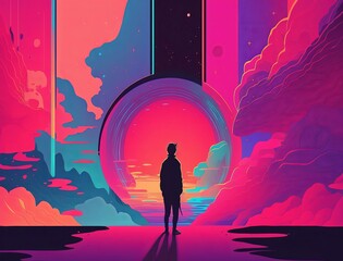 Naklejka premium Man silhouette on the clouds against a portal with neon colors. Concept of journey, spirituality, mindfulness and connected to nature. Generative AI.