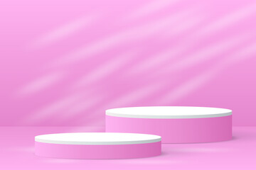 3d product display podium platform. 3d realistic cylinder pedestal podium. Minimal wall scene for mockup product display. 3d Vector illustration.