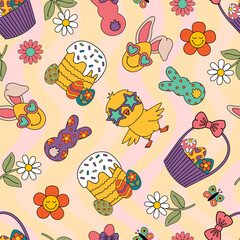 seamless pattern with groovy chicken  and easter elements © nataka