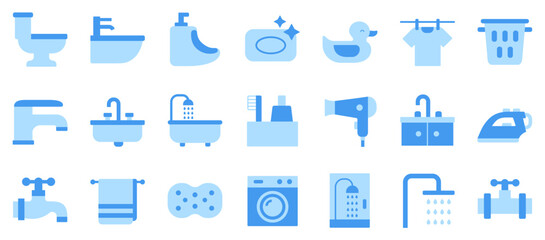 set of vector bathroom icons, toilet, bidet, urinal, rubber duck, laundry, sink battery, bath, toothpaste, toothbrush, hair dryer, shower, sponge, water faucet, towel, pipe, iron, blue icon set