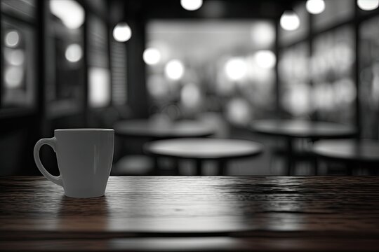 A lonely dark wooden table sits empty in front of a blurred, abstract coffee shop backdrop. can be incorporated into a collage or presentation of your products. Product packaging mock up. Generative