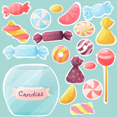 A set of different candies in a jar. Yellow, blue and purple sweets in nice shades. Set of stickers with sweets. A set of stickers for a candy shop. Wrapped sweets, lollipops and chupa chups