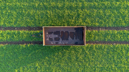 Hänger von einem Traktor steht auf einem grünen Feld mit Spuren von oben Top down, Hintergrund, Vogelsicht, Nahaufnahme