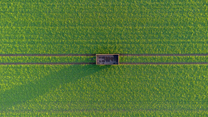 Hänger von einem Traktor steht auf einem grünen Feld mit Spuren von oben Top down, Hintergrund,...