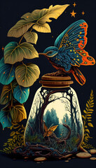 Decorative composition with plants, flowers, butterflies, a bird, and a decorated bottle with a forest inside