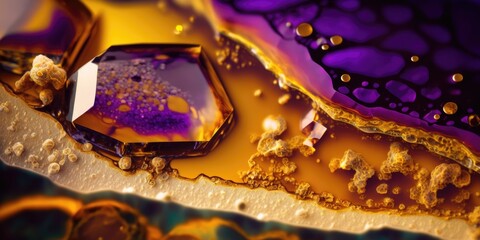 Abstract amethyst crystal geode with golden yellow layers of amber honeycomb inside, semi precious stone with a delicious sweet honey core - generative ai