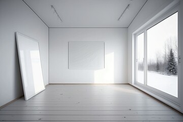 Fototapeta premium A minimalist white room with a wooden floor, a wide wall decorated with art, and a white landscape beyond the window. It's an indoor background. Scandinavian design for the home. Generative AI