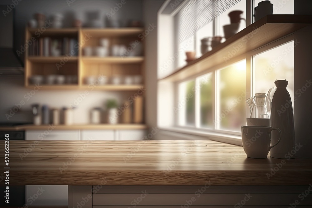 Poster a wooden table in front of a blurred window and some shelves in the kitchen. generative ai