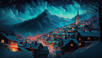 Fototapeta na wymiar The Thick Snow Covered Swiss Town the Sky is Starry generative AI 