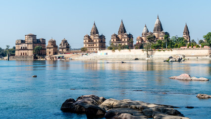 Orchha, India - Royal Chhatris or Cenotaphs are the historical monuments situated on the banks of River Betwa in Orchha