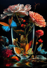 Decorative composition with plants, flowers, and a crystal vase